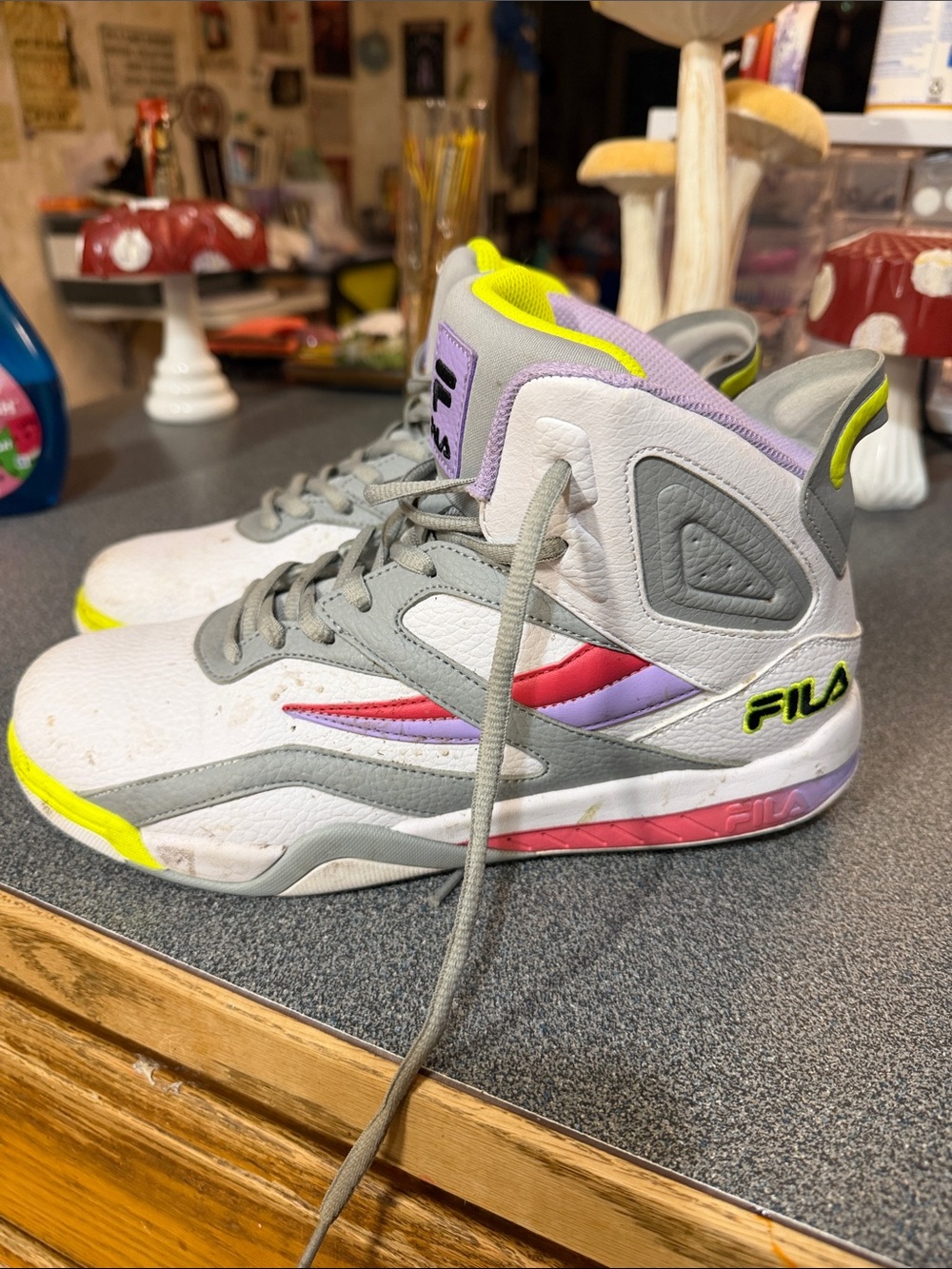 FILA Kids White & Gray High-Top Sneakers with Pink, Purple & Neon Yellow Accents